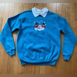 VTG 90s top stitch Cottagecore Snowman Sweatshirt M whimsy grandma embroidered